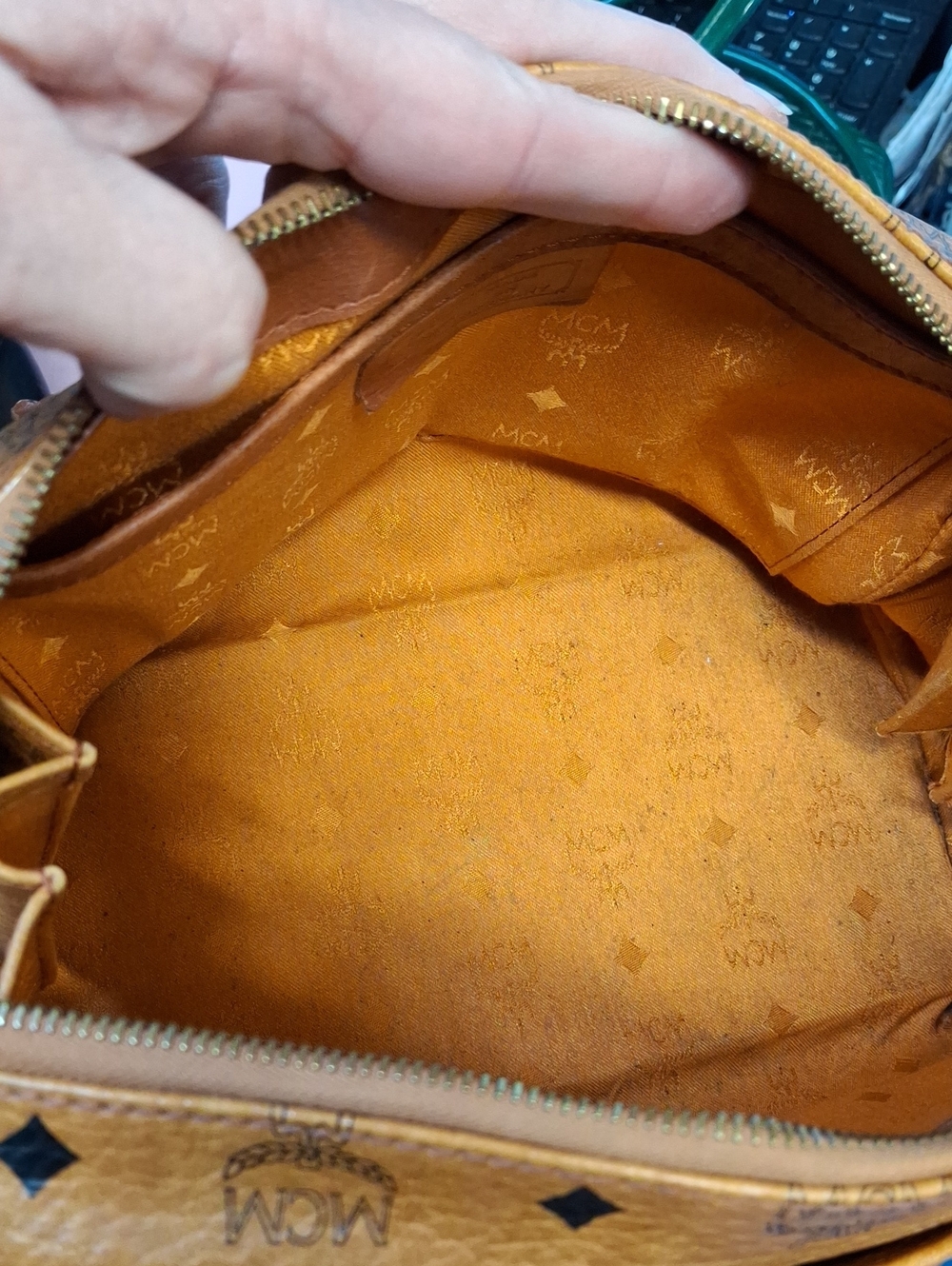 MCM Cognac Visetos Monogram Satchel Gold Hardware Removable Adj Strap Preloved - Picture 15 of 16